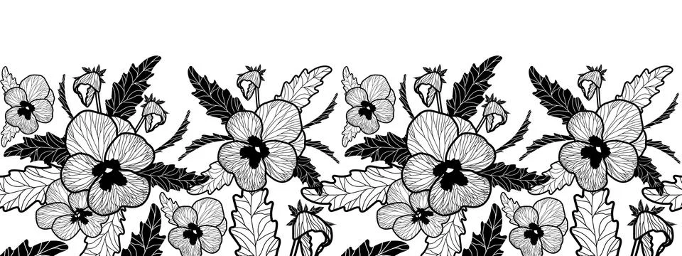 Vector horizontal seamless border with black and white pansy. Stock Illustration