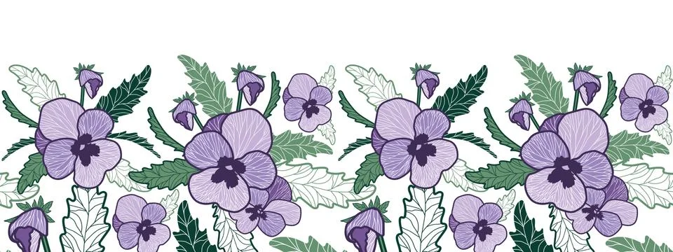 Vector horizontal seamless border with purple pansy and green leaves. Stock Illustration