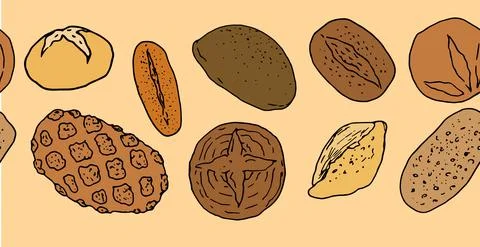 Vector horizontal seamless bread template in color. a long strip of hand-drawn Illustrazione stock