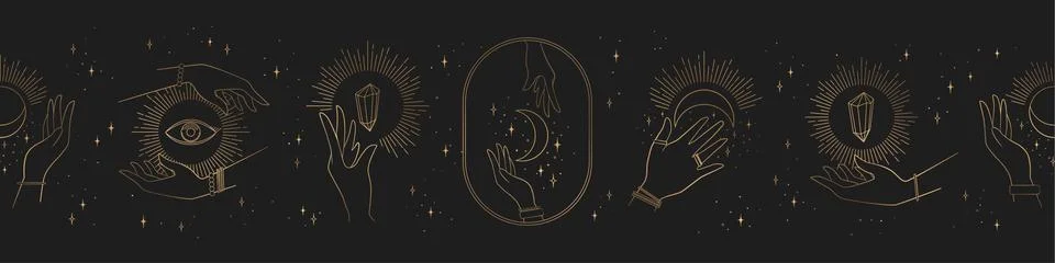 Vector horizontal seamless mysterious pattern with gold abstract hands, sun,  Stock Illustration