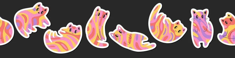 Vector horizontal seamless pattern with colorful groovy abstract cats chara.. Stock Illustration