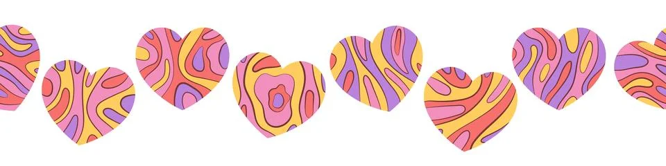 Vector horizontal seamless pattern with colorful groovy abstract hearts sha.. Stock Illustration