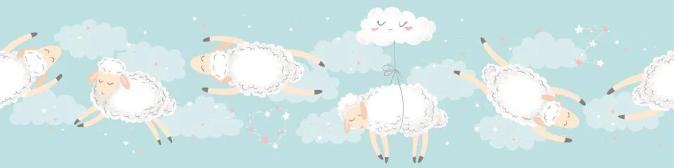 Vector horizontal seamless pattern with cute hand drawn cartoon sheeps, cloud Illustrazione stock