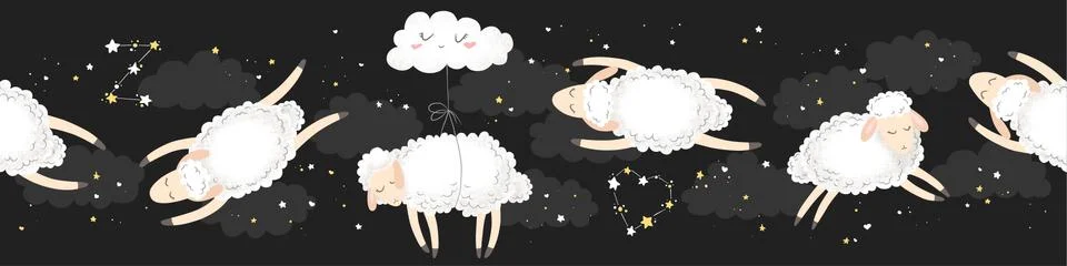 Vector horizontal seamless pattern with cute hand drawn cartoon sheeps, cloud Illustrazione stock