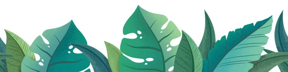 Vector horizontal seamless pattern with green trendy exotic palm and monstera Stockillustratie