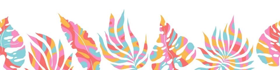 Vector horizontal seamless pattern with groovy abstract monstera and palm l.. Stock Illustration