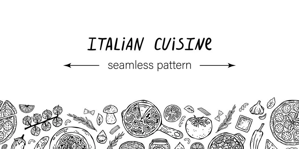 Vector horizontal seamless pattern of hand-drawn illustrations of Italian cui Stock Illustration