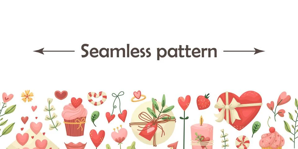 Vector horizontal seamless pattern with Valentines day illustrations. Illustrazione stock