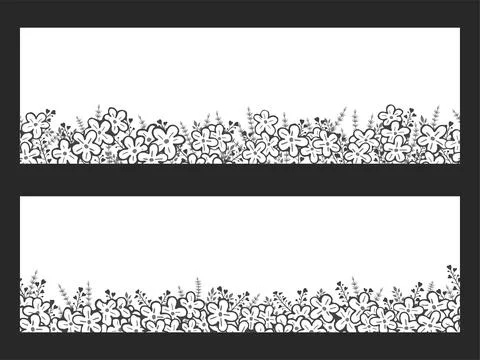 Vector horizontal seamless patterns with hand drawn flowers. Floral monochrom Stock Illustration