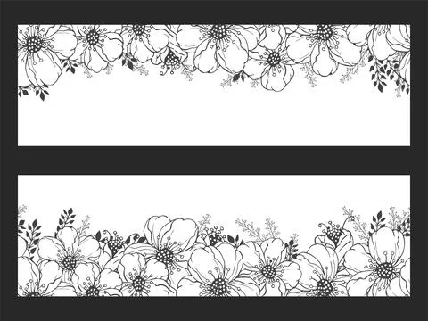 Vector horizontal seamless patterns with hand drawn flowers. Floral monochrom Stock Illustration