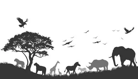 Vector horizontal seamless tropical african savannah with lions, elephant, zebra Stock Illustration