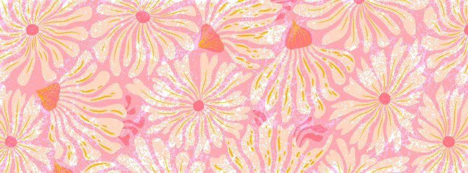 Vector horizontal texture illustration with abstract groovy flowers pattern.. Stock Illustration