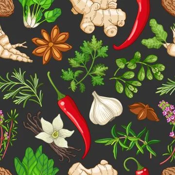 Vector hot pattern with herbs on dark Stock Illustration