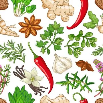 Vector hot pattern with herbs on white Stock Illustration