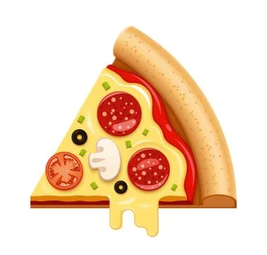 Vector hot pizza slice with sticky cheese and salami icon Stock Illustration