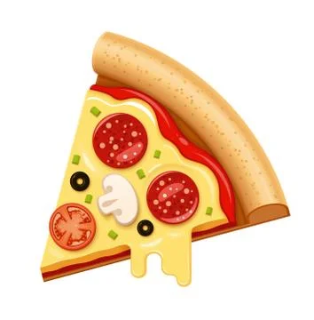 Vector hot pizza slice with sticky cheese and salami icon Stock Illustration