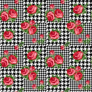 Vector houndstooth seamless black and white pattern with red retro roses Stock Illustration