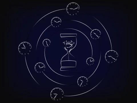 Vector hourglass with melting clock surrounded by spinning clocks イラスト素材