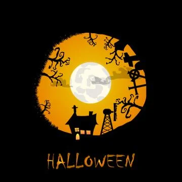 Vector : House graveyard and trees halloween background in circle Stock Illustration