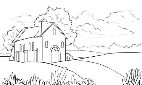 Vector house in the valley - coloring page Stock Illustration