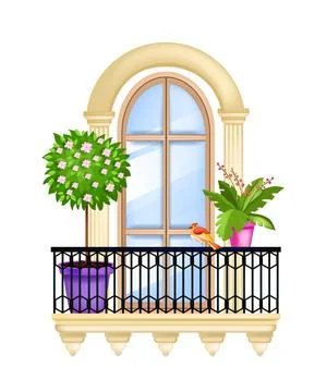 Vector house window, balcony facade spring illustration, blossom tree Illustrazione stock