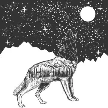 Vector howling wolf and night sky tattoo t-shirt print design Stock Illustration