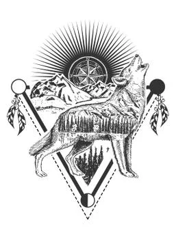 Vector howling wolf tattoo or t-shirt print design Illustrazione stock