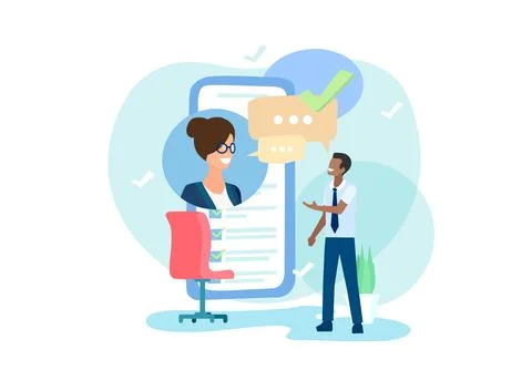 Vector of a HR manager interviewing a new candidate business woman via an o.. Stock Illustration