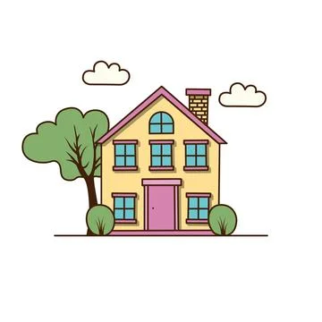 Vector huge house with six windows icon. Vector Yellow house with pink door Stock Illustration