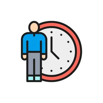 Vector human with clock, time management flat color line icon. Stock Illustration