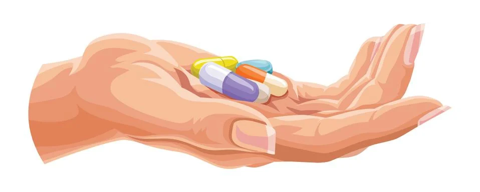 Vector of human hand with capsules. Stock Illustration