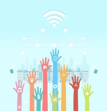 Vector of human hands with social media icons using mobile devices and intern Stock Illustration