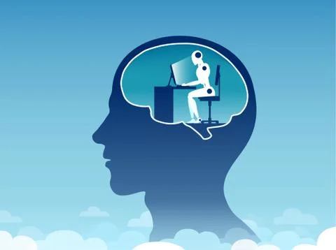 Vector of a human head outline with a robot working on computer inside. Stockillustratie