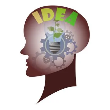 Vector human head silhouette with gears inside the mind and green sprout Stock Illustration