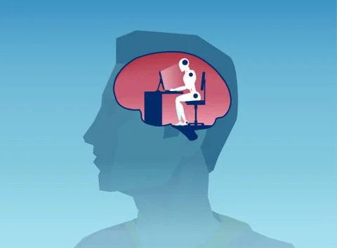 Vector of a human head silhouette with robot working on computer inside Stock Illustration