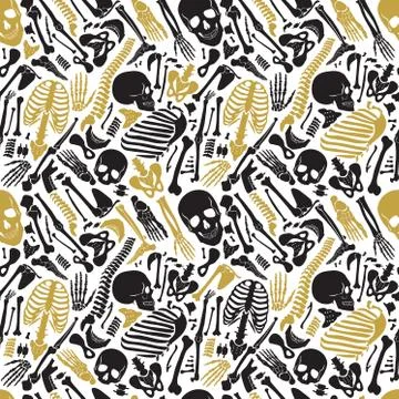 Vector human skeleton halloween black golden luxury seamless pattern with skulls Illustrazione stock