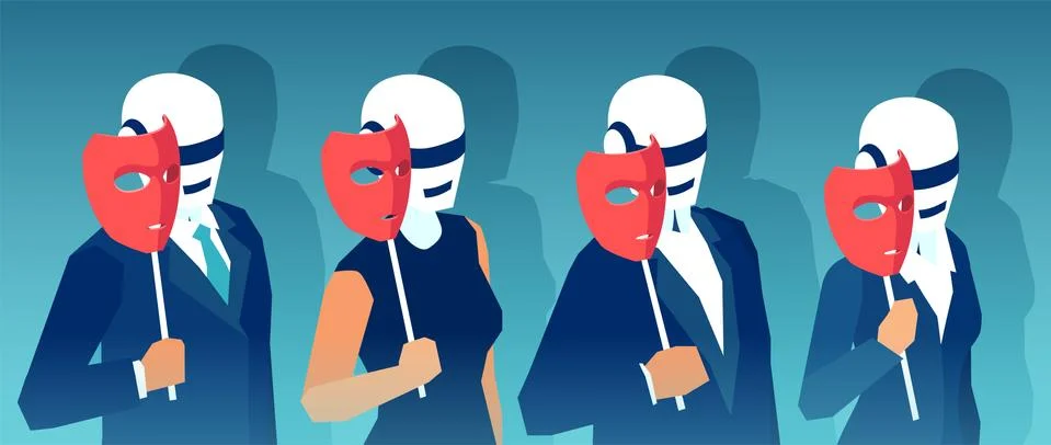 Vector of humanoid robots replacing people at work holding human masks イラスト素材