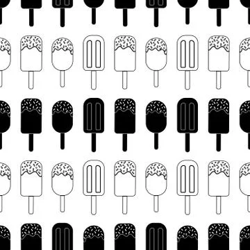 Vector Ice cream repeat seamless pattern. black ice creams on white backgound Stock Illustration
