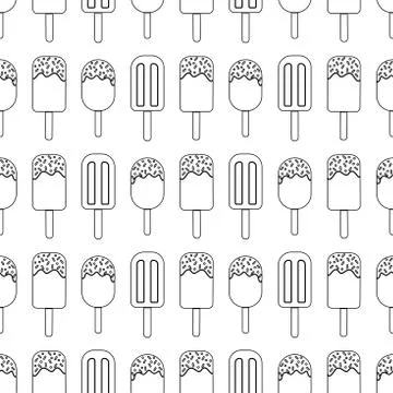 Vector Ice cream repeat seamless pattern. black outline ice creams on white Stock Illustration