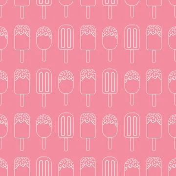 Vector Ice cream repeat seamless pattern. White outline ice creams on pink Stock Illustration