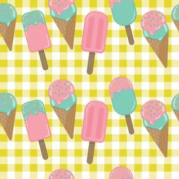 Vector Ice cream repeat seamless pattern. Pastel colors on yellow check pattern Illustrazione stock
