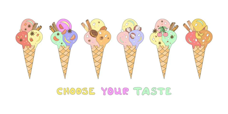 Vector ice cream set. Cherries, cinnamon sticks and waffle sticks, chocos bowl Stock Illustration