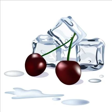 Vector ice cubes drops of water snd cherry berries Stock Illustration