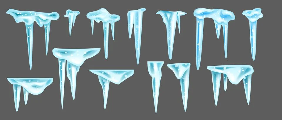 Vector icicle winter set, isolated hanging blue frozen ice, 3D sharp cornice 스톡 일러스트