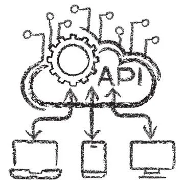 Vector icon of AI cloud API with gear, neural connections, and connected devi Stock Illustration
