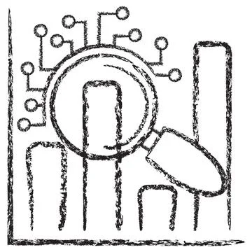 Vector icon of AI magnifying glass auditing a statistical bar chart Stock Illustration