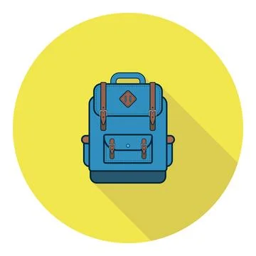 Vector icon of a blue school bag on a bright plate with a long shadow, flat.. Illustrazione stock