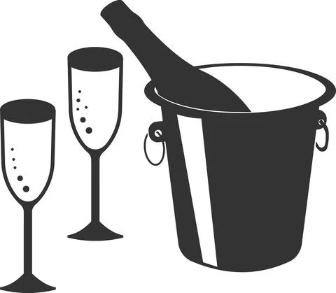 Vector icon with champagne cooling in ice and two glasses. Stock Illustration