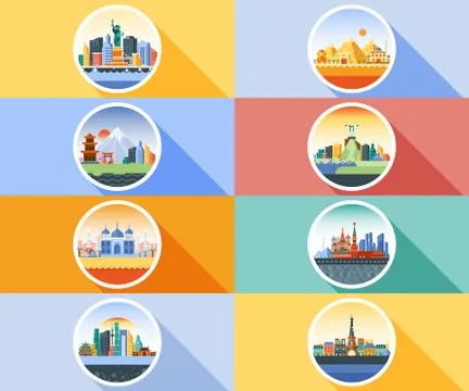Vector icon circle flat style architecture buildings town city country travel Ilustración de archivo