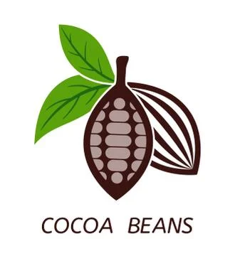 Vector icon of cocoa beans with green leaves Stock Illustration